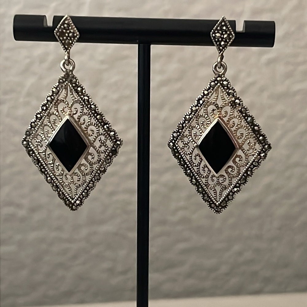 Vintage Sterling Silver Marcasite Black Onyx Filigree Dangle Earrings - Picture 3 of 6